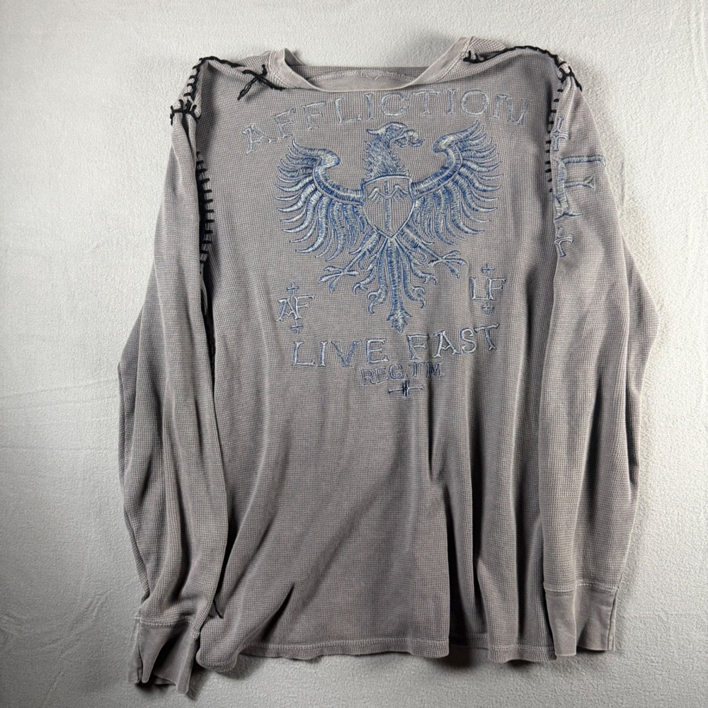 Affliction Live Fast Thermal Shirt Mens L Gray Waffle Knit Embroidered Eagle Y2K